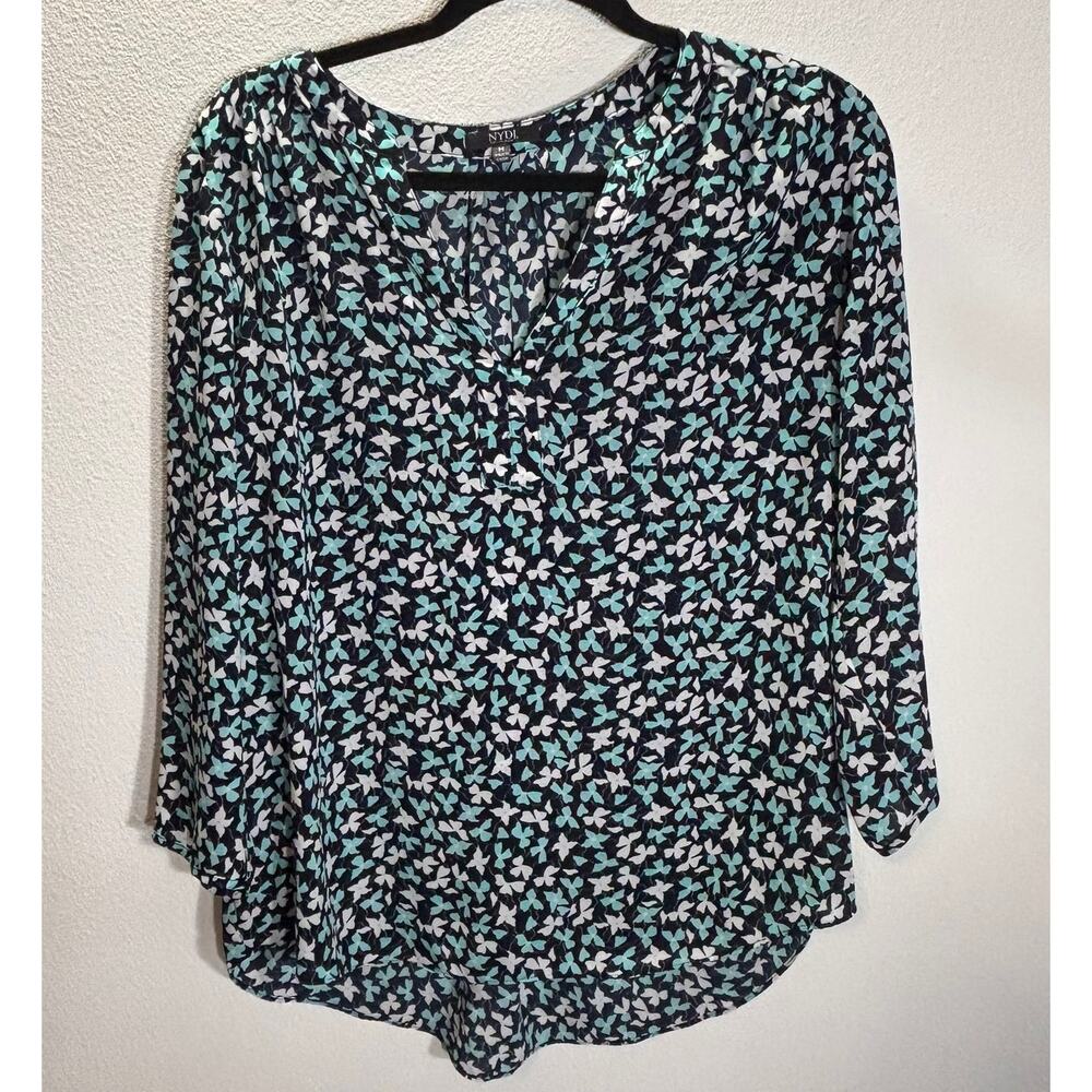 NYDJ Floral Blouse Medium Blue Teal White V Neck 3/4 Sleeve Top